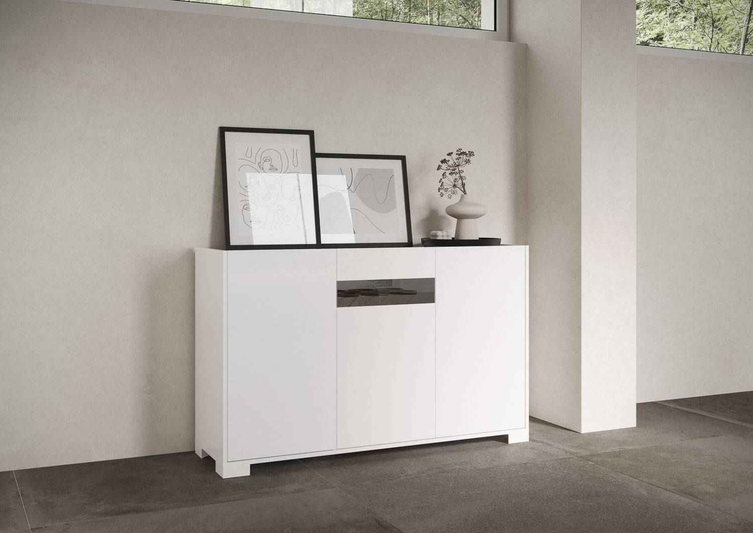 Madia e Credenza alta con Porta TV Riflesso bianco lucido e cashmere