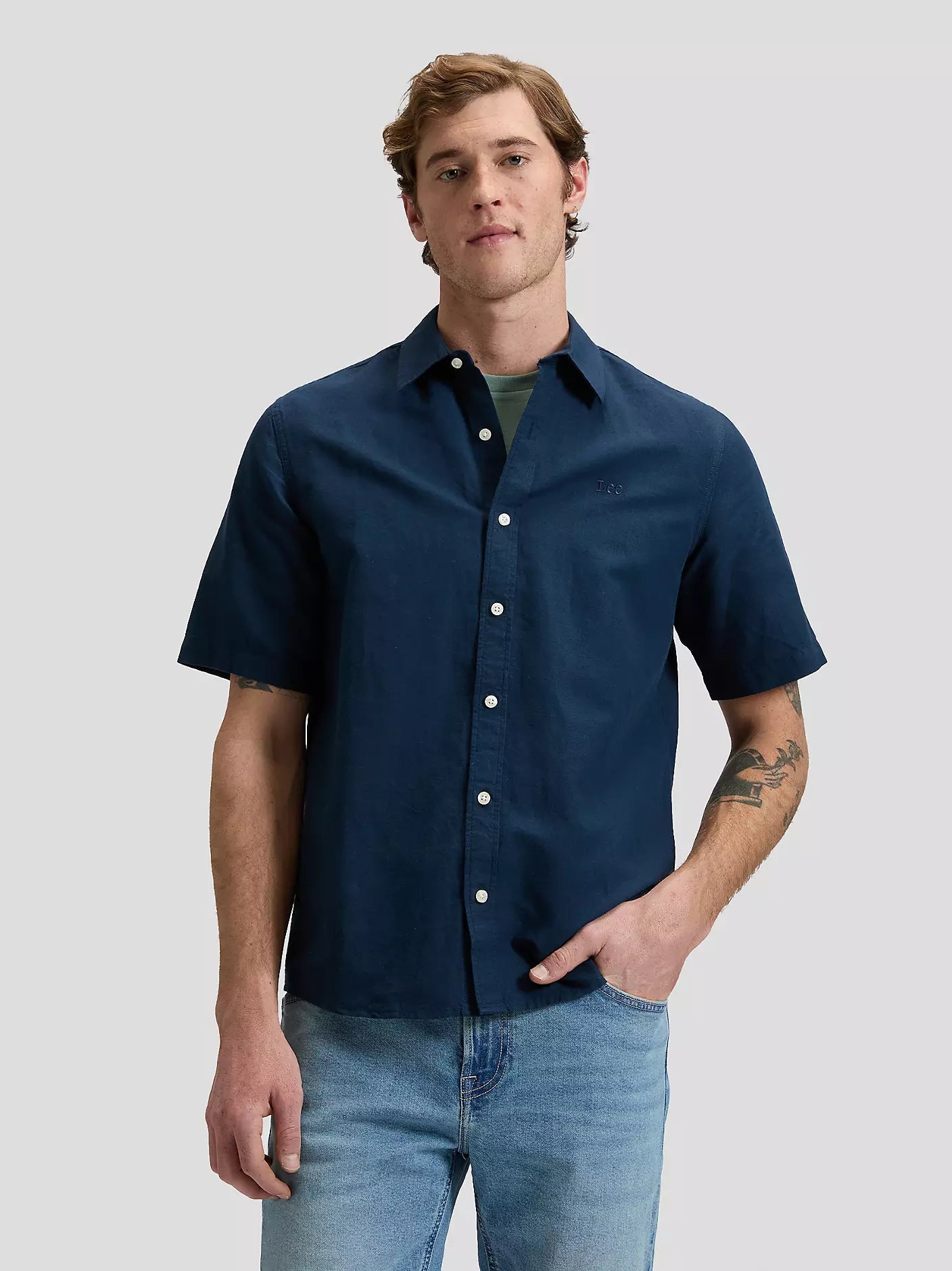 Lee Camicia Uomo Manica Corta 112376564 Rivet Navy Lino Cotone