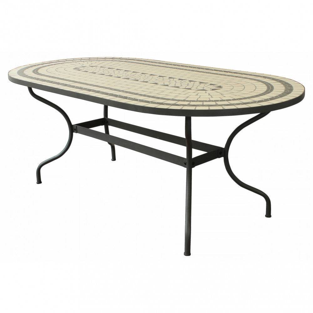 Tavolo Ovale Dedalo 200x100 - Piano Mosaico Beige e Antracite, Base in Ferro