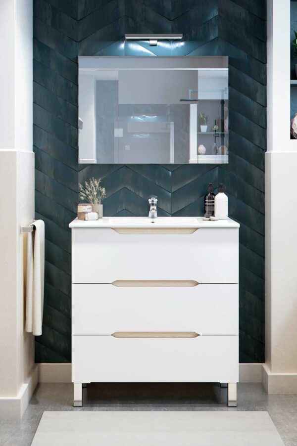 Mobile da bagno Lea 80x45x86h Bianco Lucido e Rovere con 3 Cassetti e Lavello in Ceramica