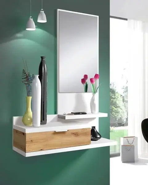Mobile ingresso sospeso con specchio rovere nodi-bianco