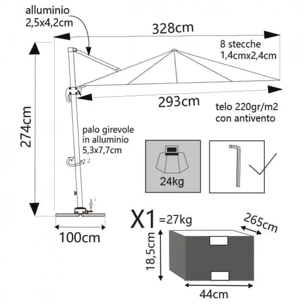 Ombrellone da giardino Tortora e struttura in alluminio 3x4