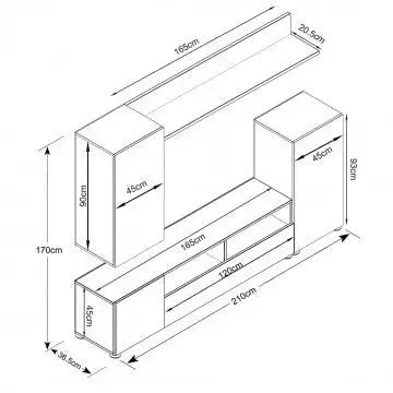 Parete Soggiorno Bridge Rovere Chiaro, Dimensioni: cm 207 x 34 x 170 h