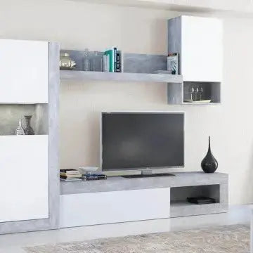 Parete Soggiorno Roomy Bianco e Grigio Effetto Cemento cm 255 x 40 x 200 h