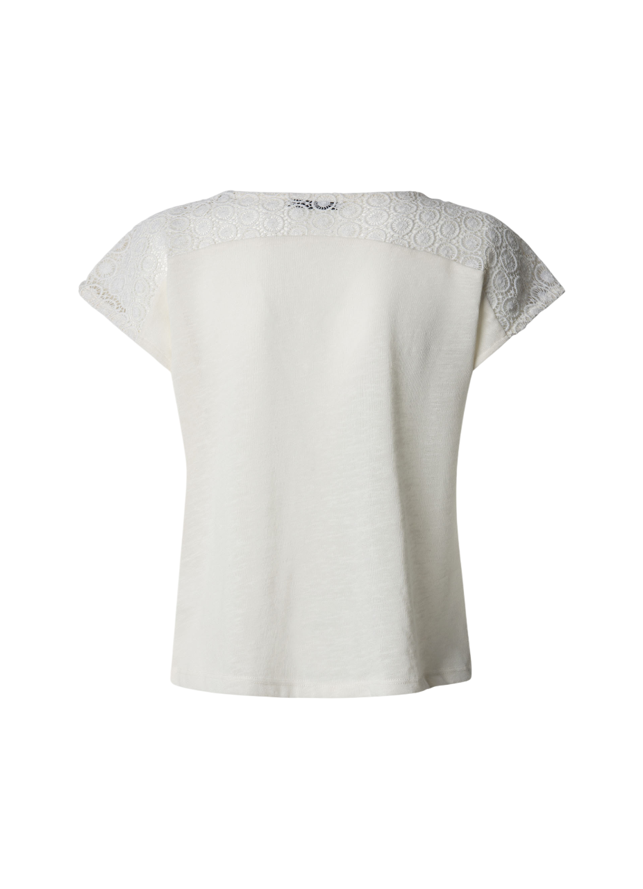 Pepe Jeans maglietta smanicata a costine da donna con scollo a V e pizzo Vernetta PL506061 808 panna