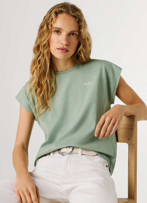 Pepe Jeans t-shirt slim fit con logo stampato da donna Bloom PL504821 610 bleach green