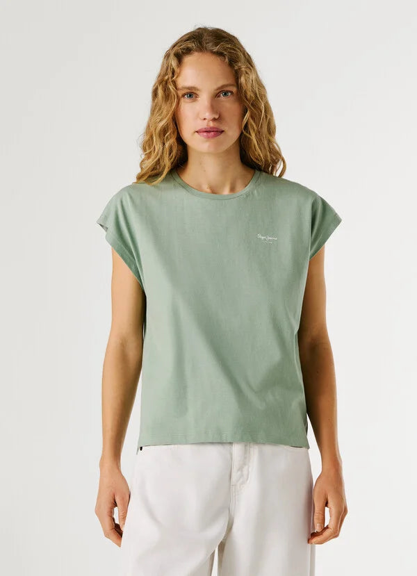 Pepe Jeans t-shirt slim fit con logo stampato da donna Bloom PL504821 610 bleach green