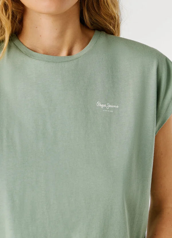 Pepe Jeans t-shirt slim fit con logo stampato da donna Bloom PL504821 610 bleach green