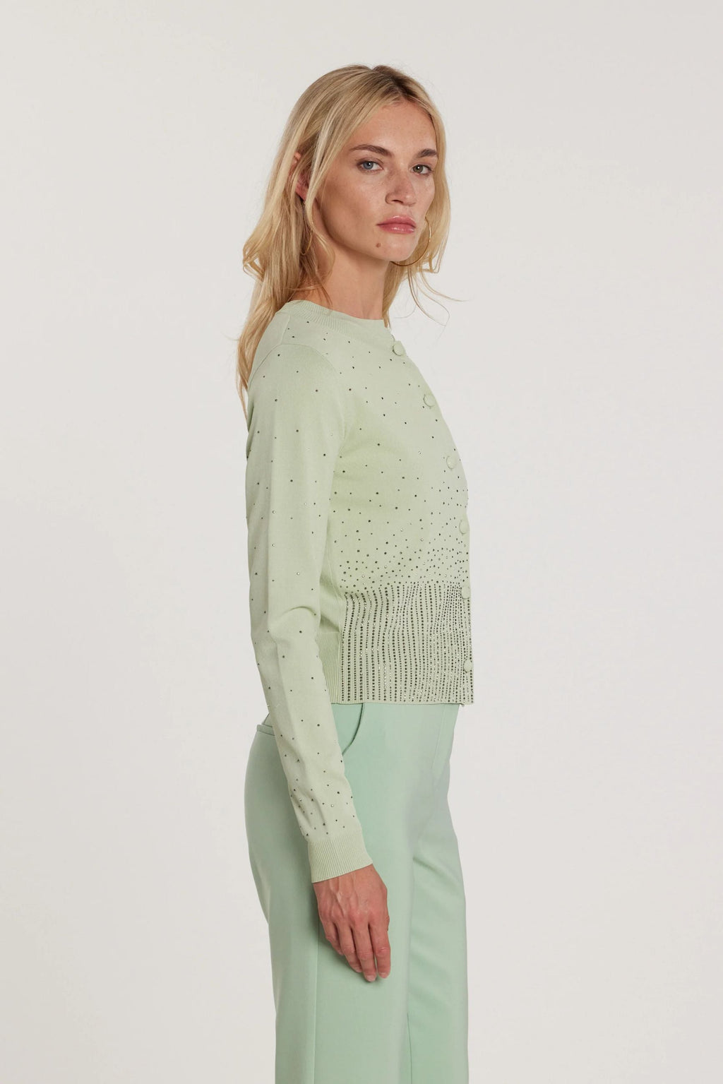Relish Cardigan MOSS maniche lunghe girocollo con bottoni più applicazioni strass RDP2602067019 verde acqua