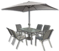 Set da giardino in acciaio con tavolo 150x90, 6 poltrone, ombrellone 2x3m e base