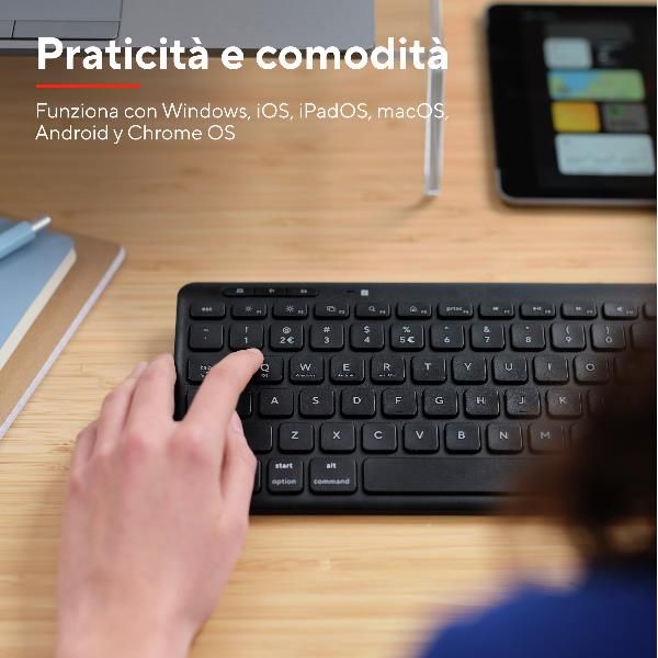 TASTIERA WIRELESS RICARICABILE MULTICONNECT 2 BT + 1 WL 2,4GHZ - PLASTICA RICICLATA 85% - LAYOUT ITALIANO - TRUST LYRA NERO [24708]