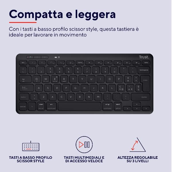 TASTIERA WIRELESS RICARICABILE MULTICONNECT 2 BT + 1 WL 2,4GHZ - PLASTICA RICICLATA 85% - LAYOUT ITALIANO - TRUST LYRA NERO [24708]