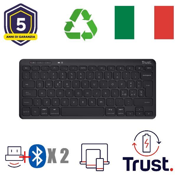 TASTIERA WIRELESS RICARICABILE MULTICONNECT 2 BT + 1 WL 2,4GHZ - PLASTICA RICICLATA 85% - LAYOUT ITALIANO - TRUST LYRA NERO [24708]