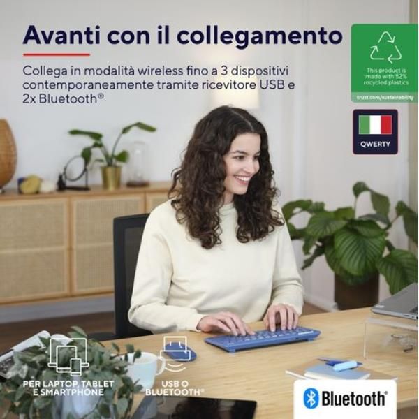 TASTIERA WIRELESS RICARICABILE MULTICONNECT 2 BT + 1 WL 2,4GHZ - PLASTICA RICICLATA 52% - LAYOUT ITALIANO - TRUST LYRA - BLU [25141]