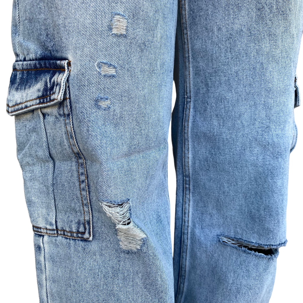 XT Studio pantalone in jeans largo con tasconi e rotture Flare blu chiaro