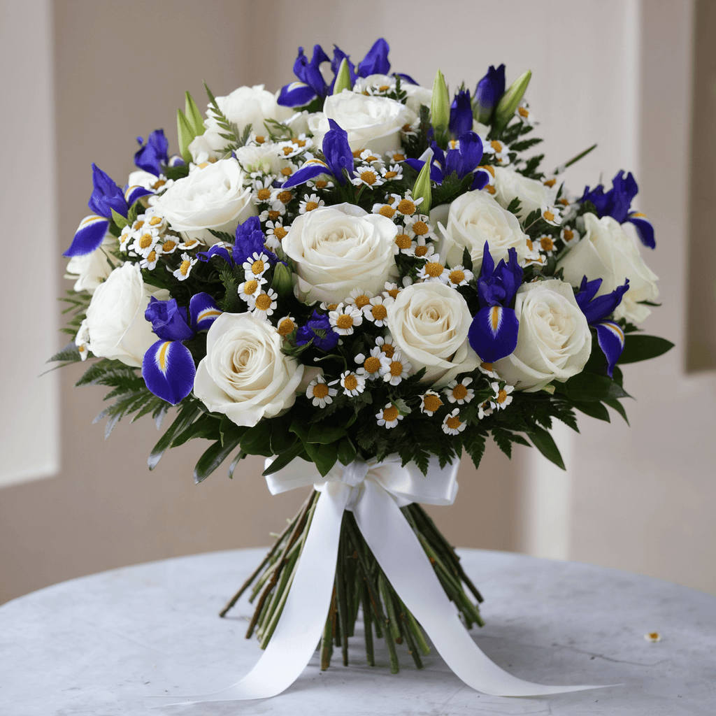 PUREZZA BLU – Bouquet di Rose Bianche e Iris