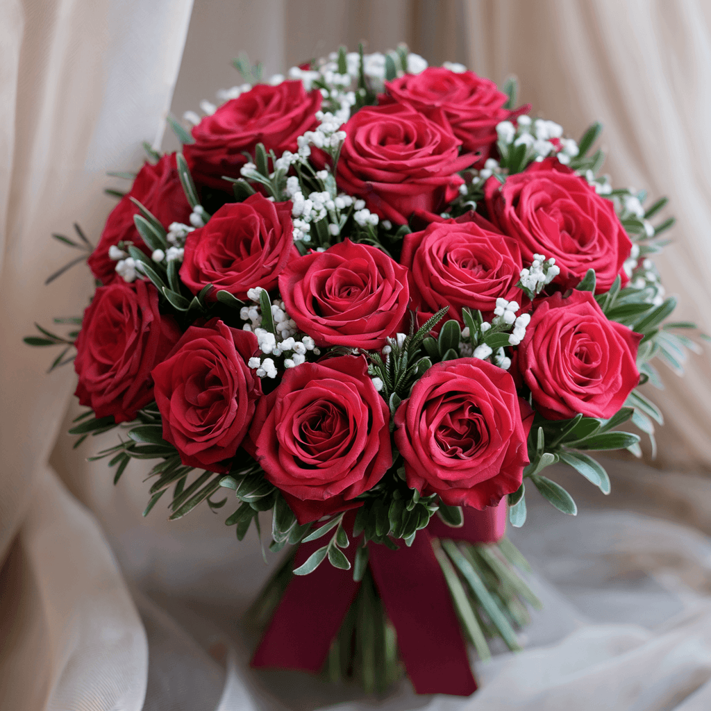 ETERNA PASSIONE – Rose Rosse, Gypsophila e Verde Decorativo