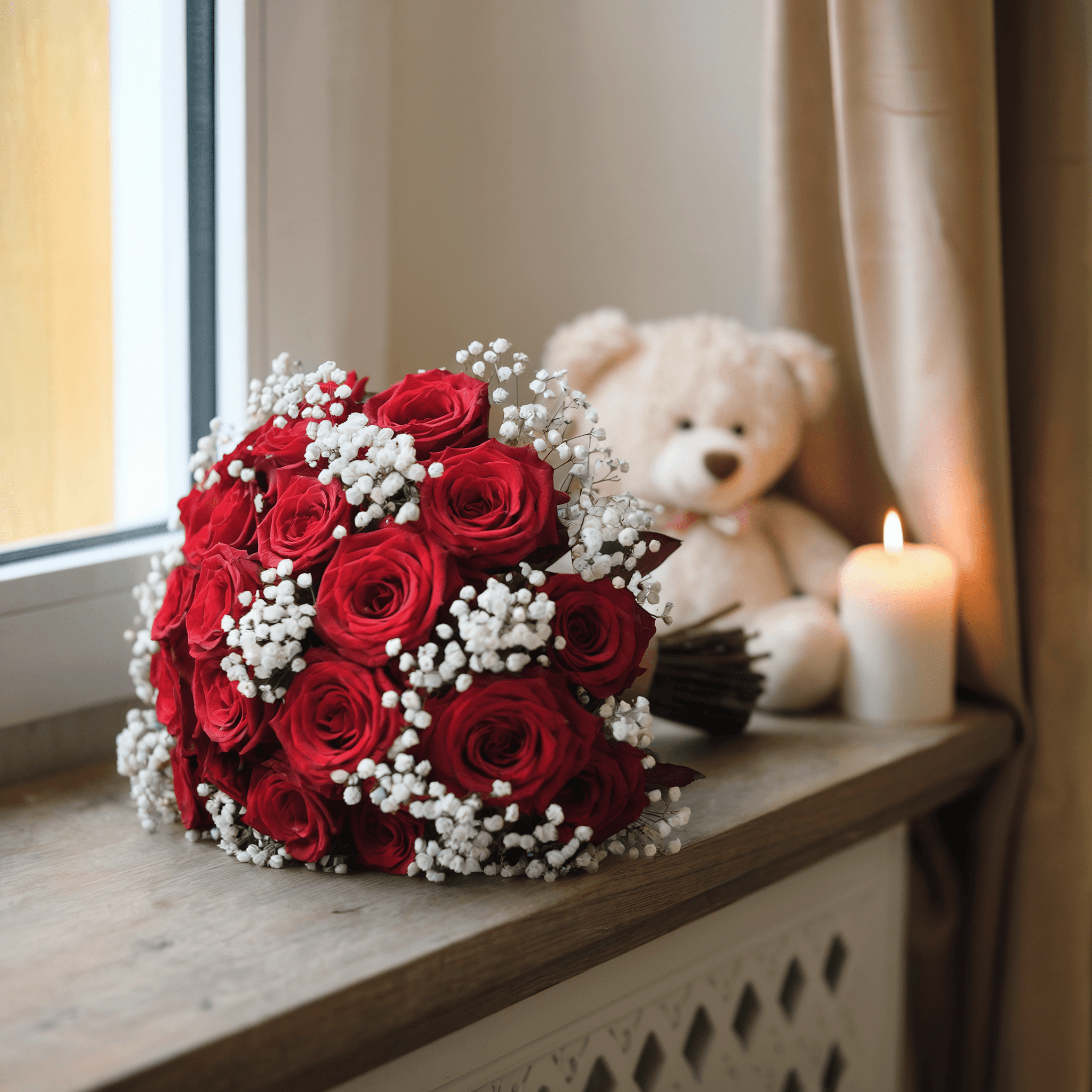 TENEREZZA ROSSA – Rose Rosse, Gypsophila, Verde Decorativo e Orso di Peluche INCLUSO