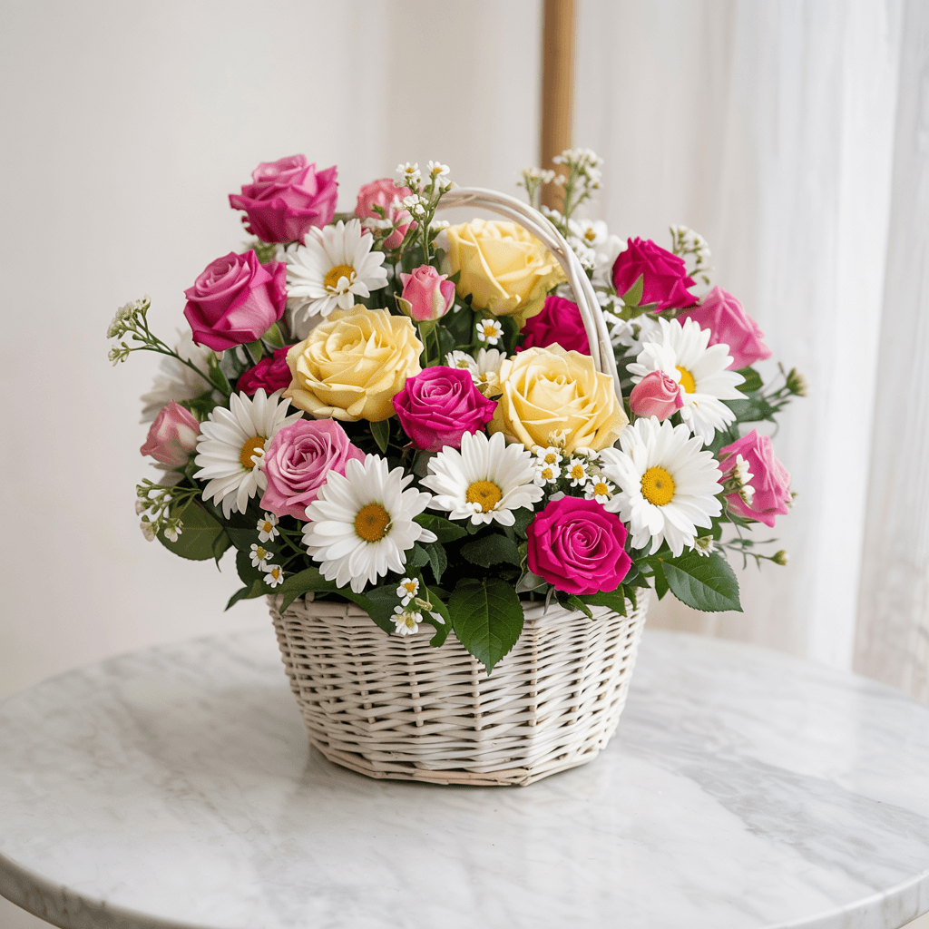 GIOIA FIORITA – Cesto Elegante con Rose Gialle, Rosse e Margherite