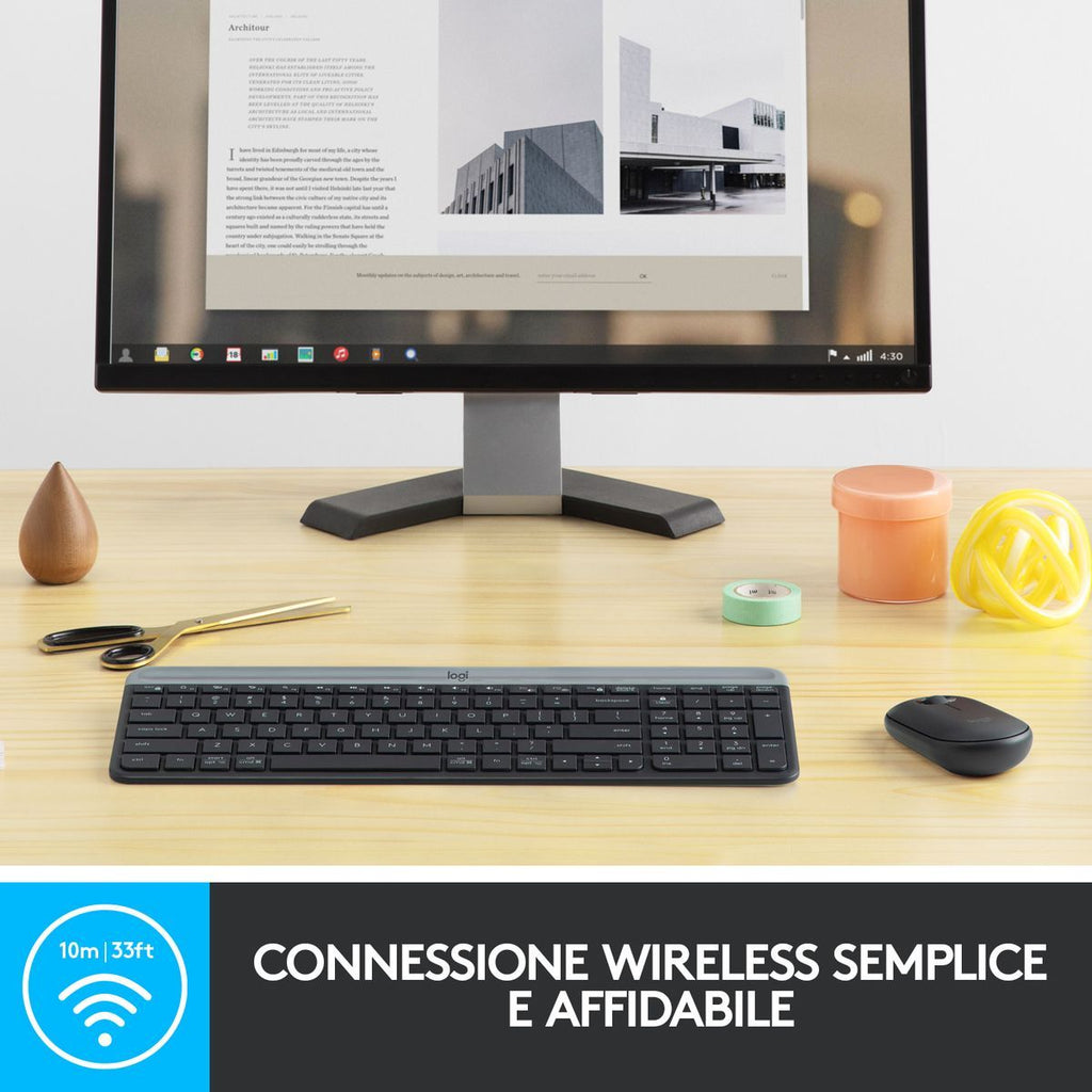 Logitech MK470 Kit Mouse e Tastiera Wireless per Windows, Ricevitore USB 2.4 GHz, Sottile, Compatto, Silenzioso, Batteria Lunga Durata, PC/Laptop, Layout Italiano QWERTY, Grigio [920-009196]