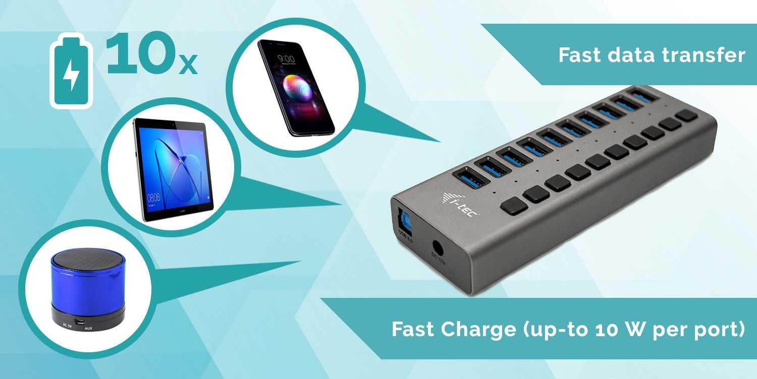 i-tec U3CHARGEHUB10 Caricabatterie per dispositivi mobili Universale Grigio AC Ricarica rapida Interno [U3CHARGEHUB10]