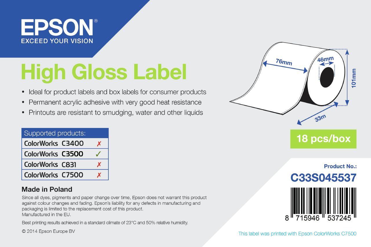 Epson High Gloss Label - Continuous Roll: 76mm x 33m [C33S045537]
