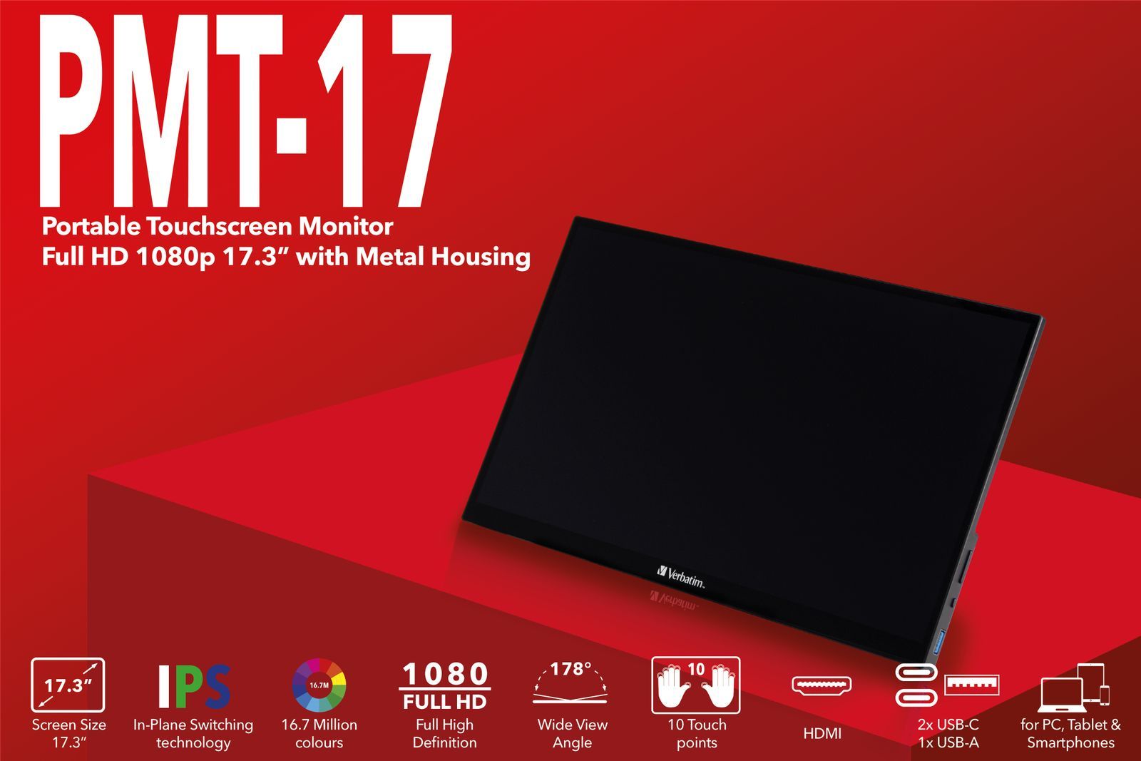 Verbatim 49593 Monitor PC 43,9 cm (17.3") 1920 x 1080 Pixel Full HD LCD Touch screen Nero [49593]