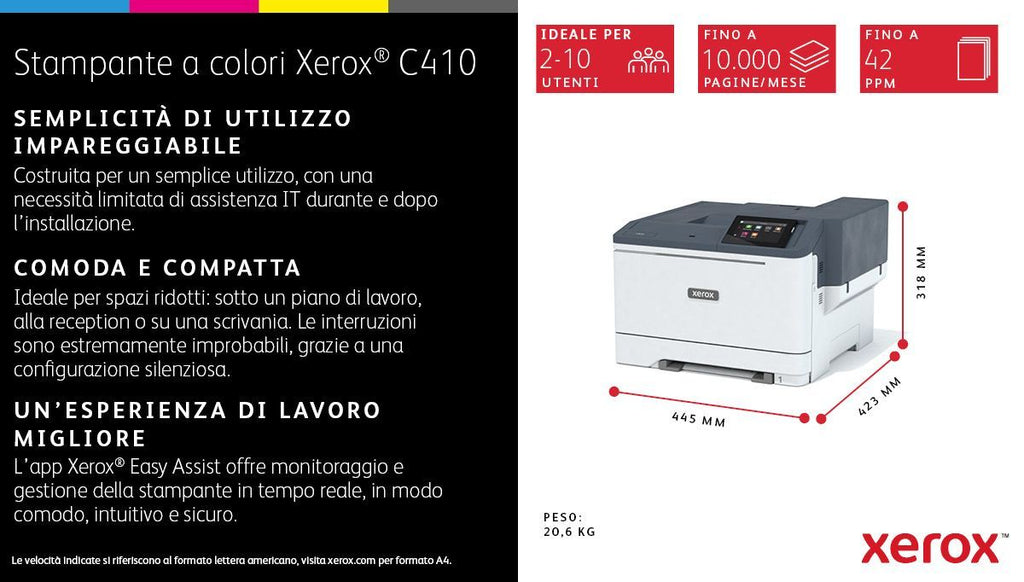 Xerox C410 A4 40 ppm Stampante fronte/retro PS3 PCL5e/6 2 vassoi 251 fogli [C410V_DN]