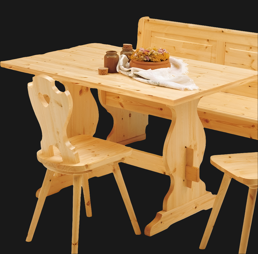 Giropanca Angolare Legno Pino + Tavolo Fisso + Sedie Tirolesi - Arredo Pub Chalet+ allunga