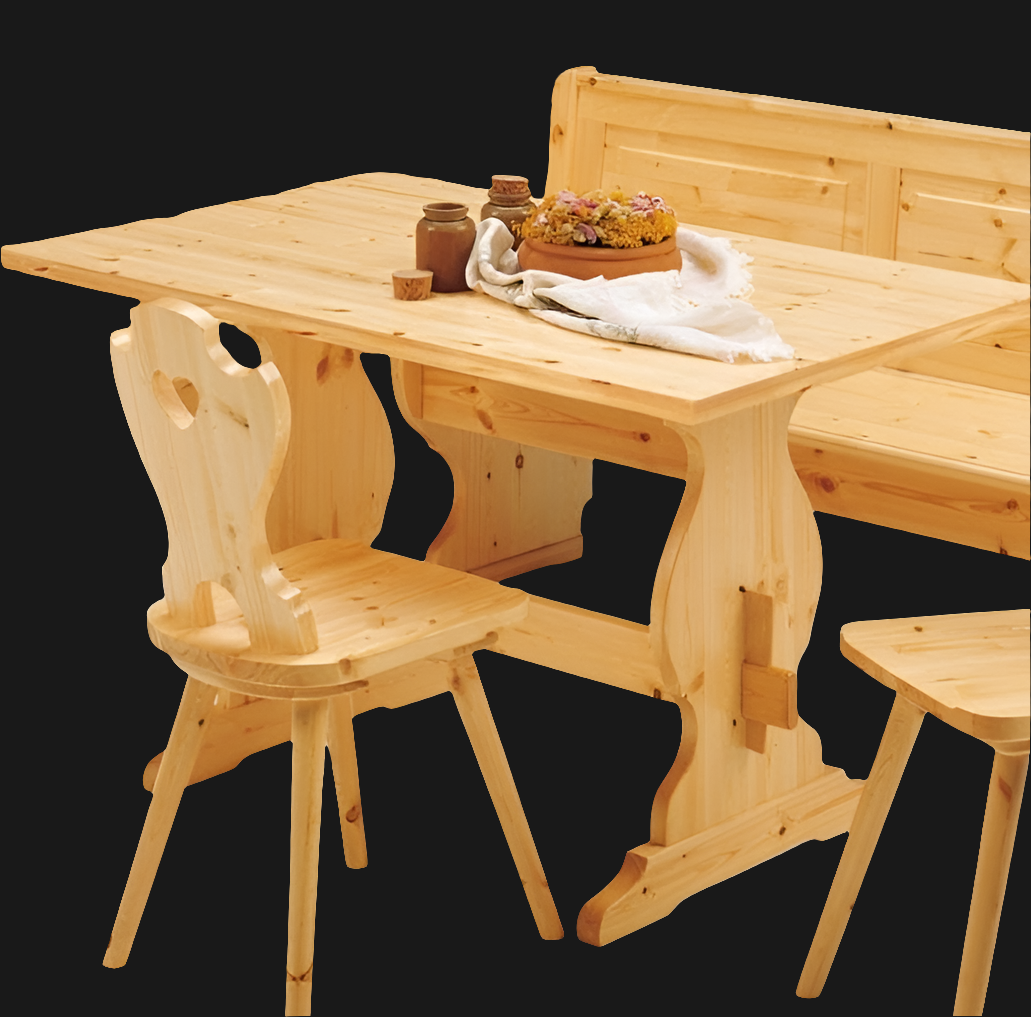 Giropanca Angolare Legno Pino + Tavolo Fisso + Sedie Tirolesi - Arredo Pub Chalet+ allunga