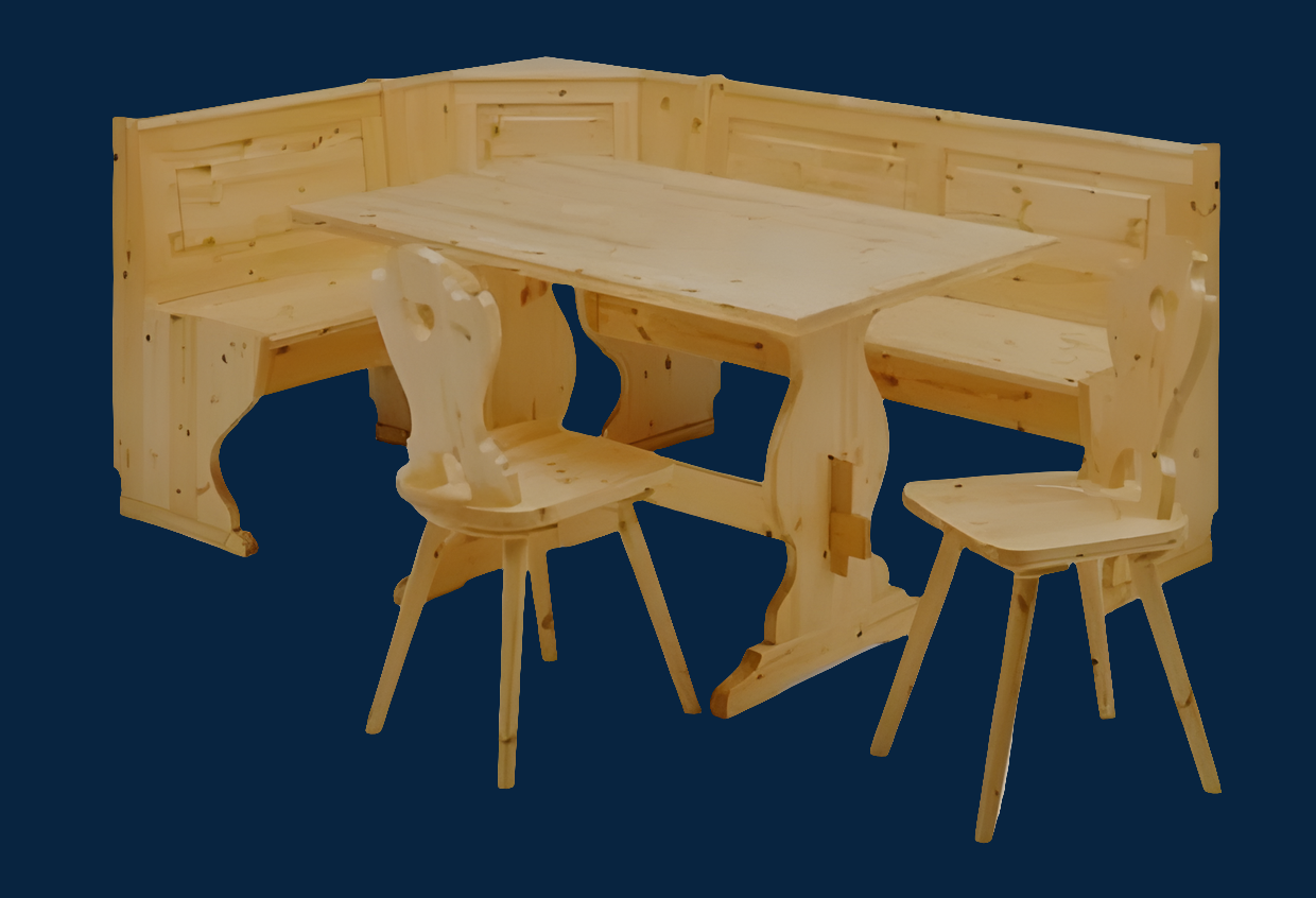 Giropanca Angolare Legno Pino + Tavolo Fisso + Sedie Tirolesi - Arredo Pub Chalet+ allunga