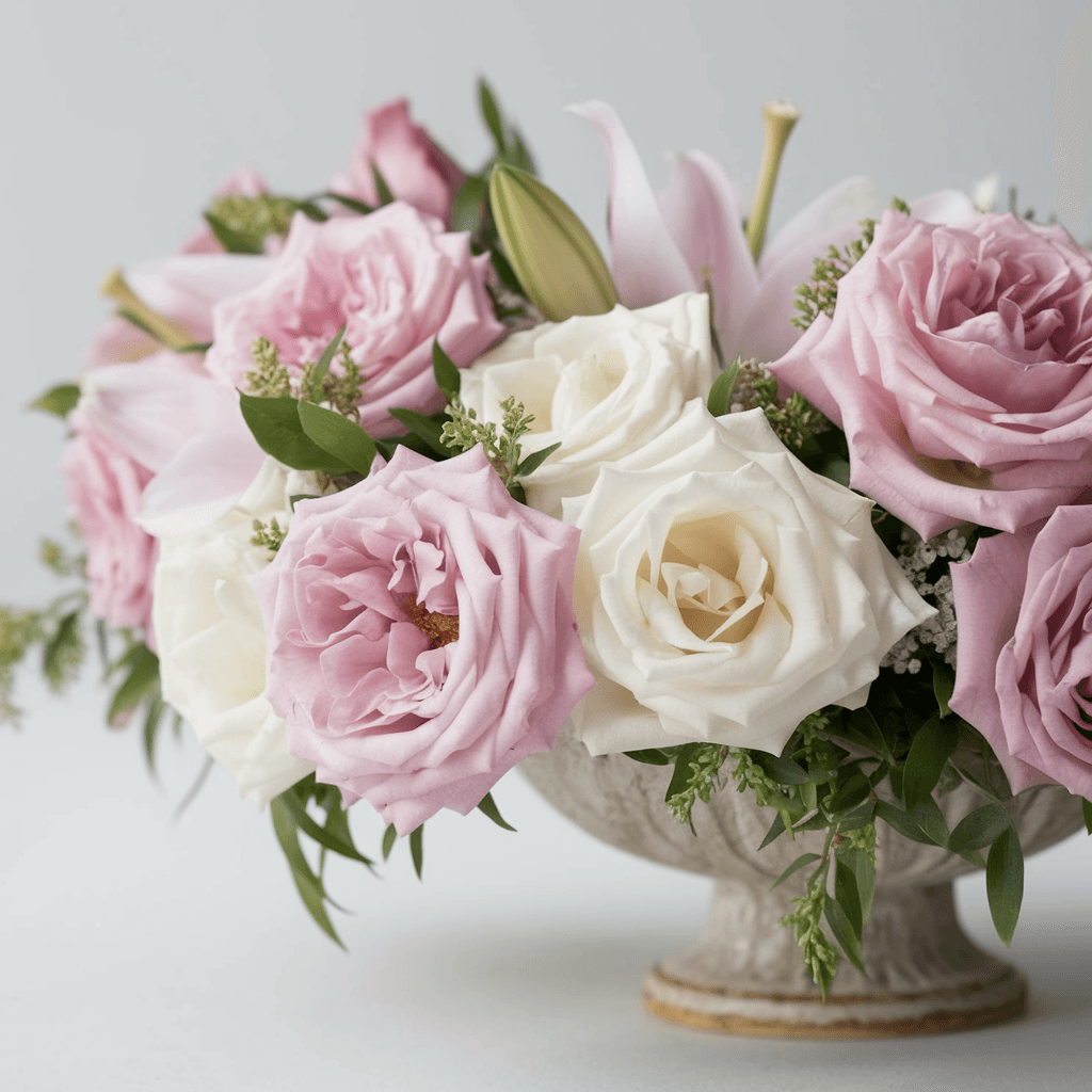ETEREA DELICATEZZA – Ciotola Lilium con Rose Rosa e Bianche