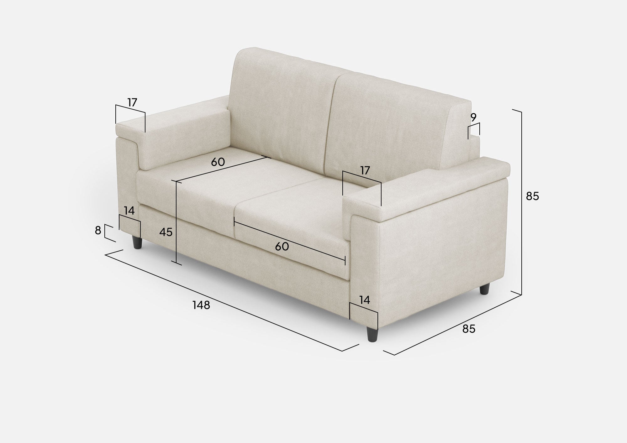 Divano Marrak 2 posti (due sedute da 60cm) misure esterne L.148cm