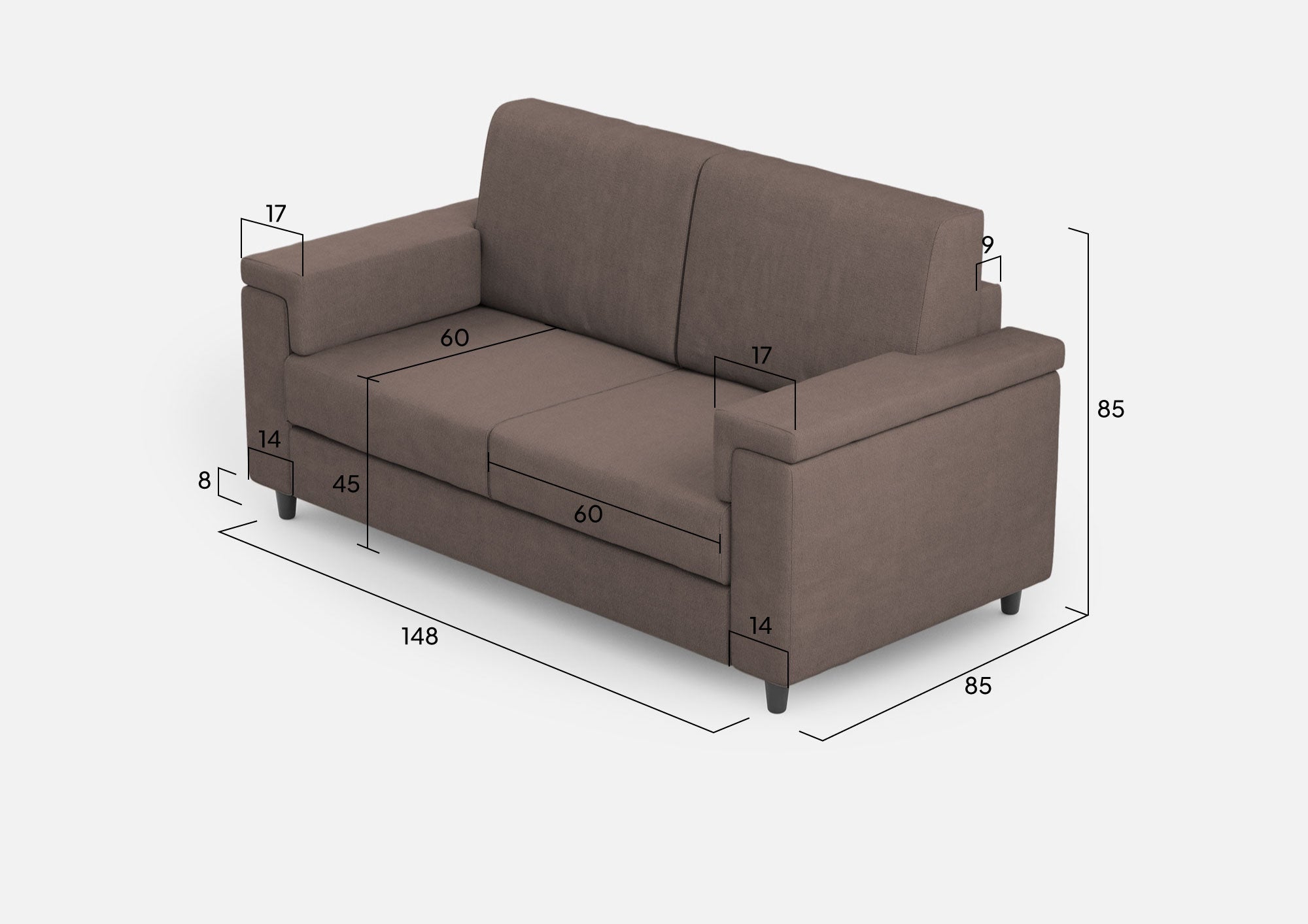 Divano Marrak 2 posti medio (due sedute da 70cm) misure esterne L.168cm