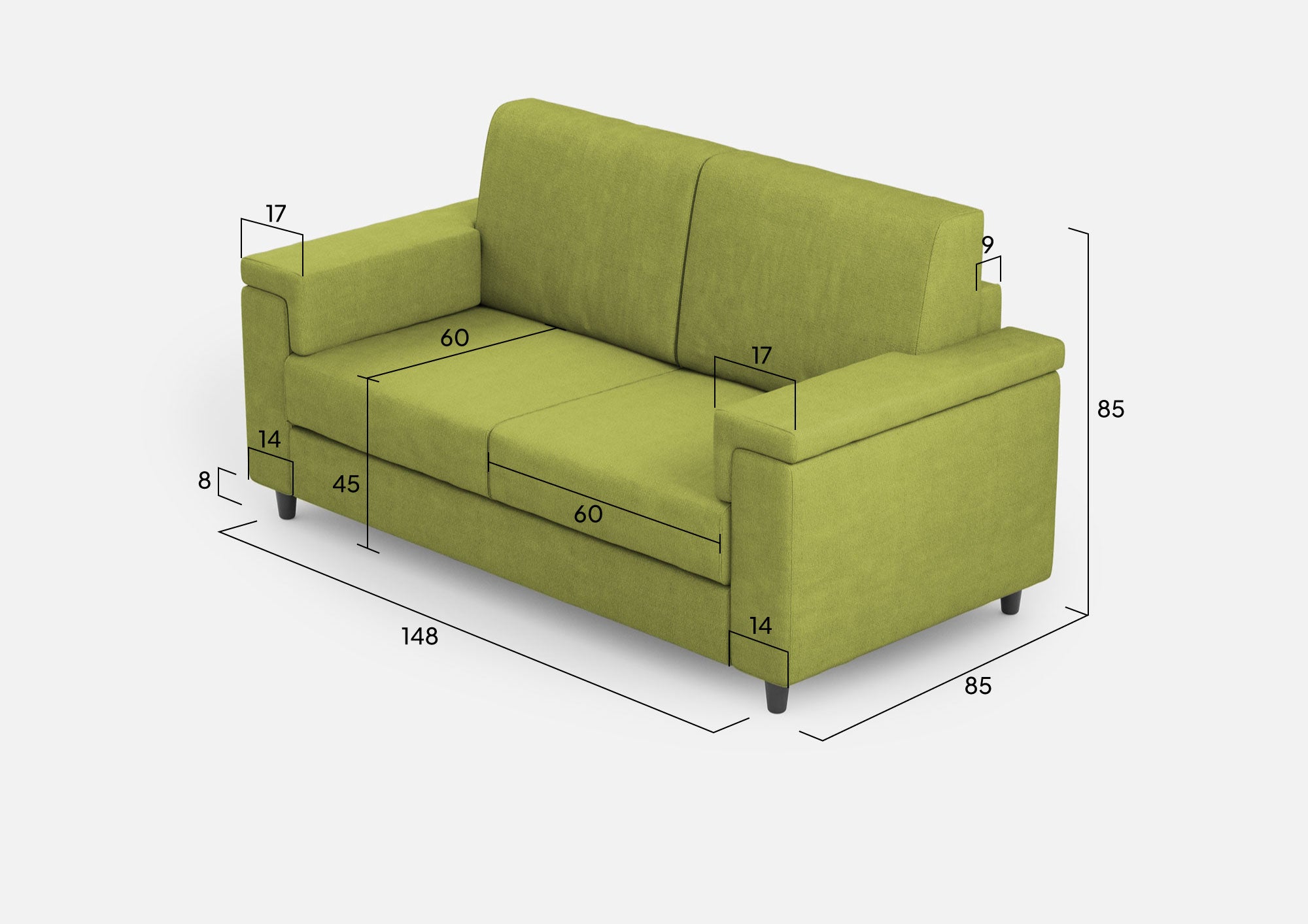 Divano Marrak 2 posti (due sedute da 60cm) misure esterne L.148cm