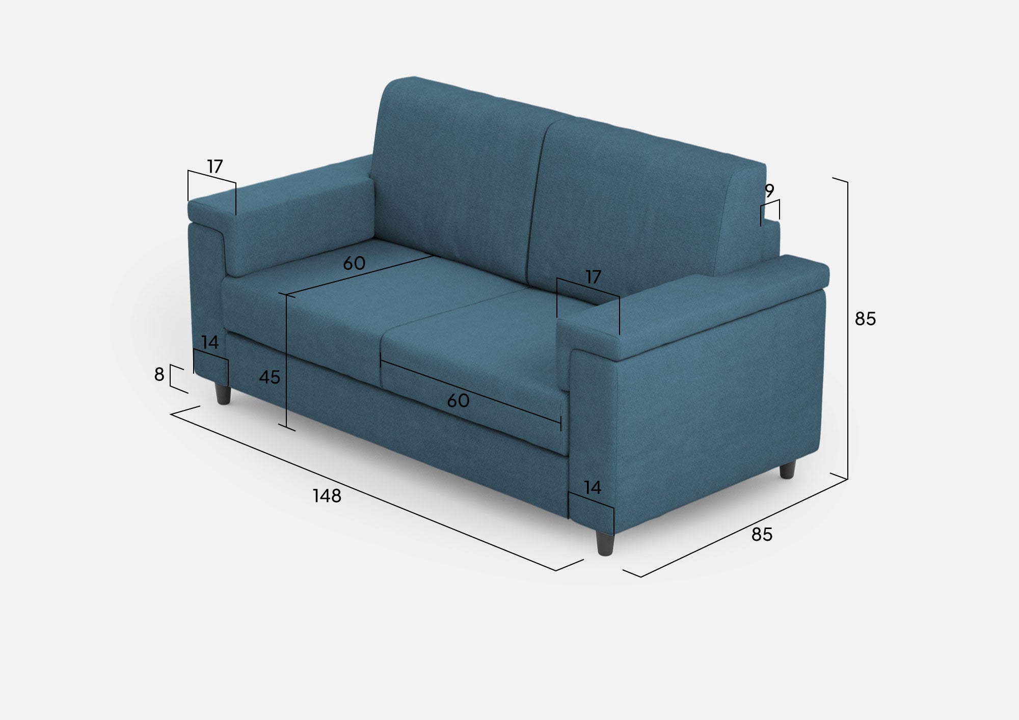 Divano Marrak 2 posti (due sedute da 60cm) misure esterne L.148cm