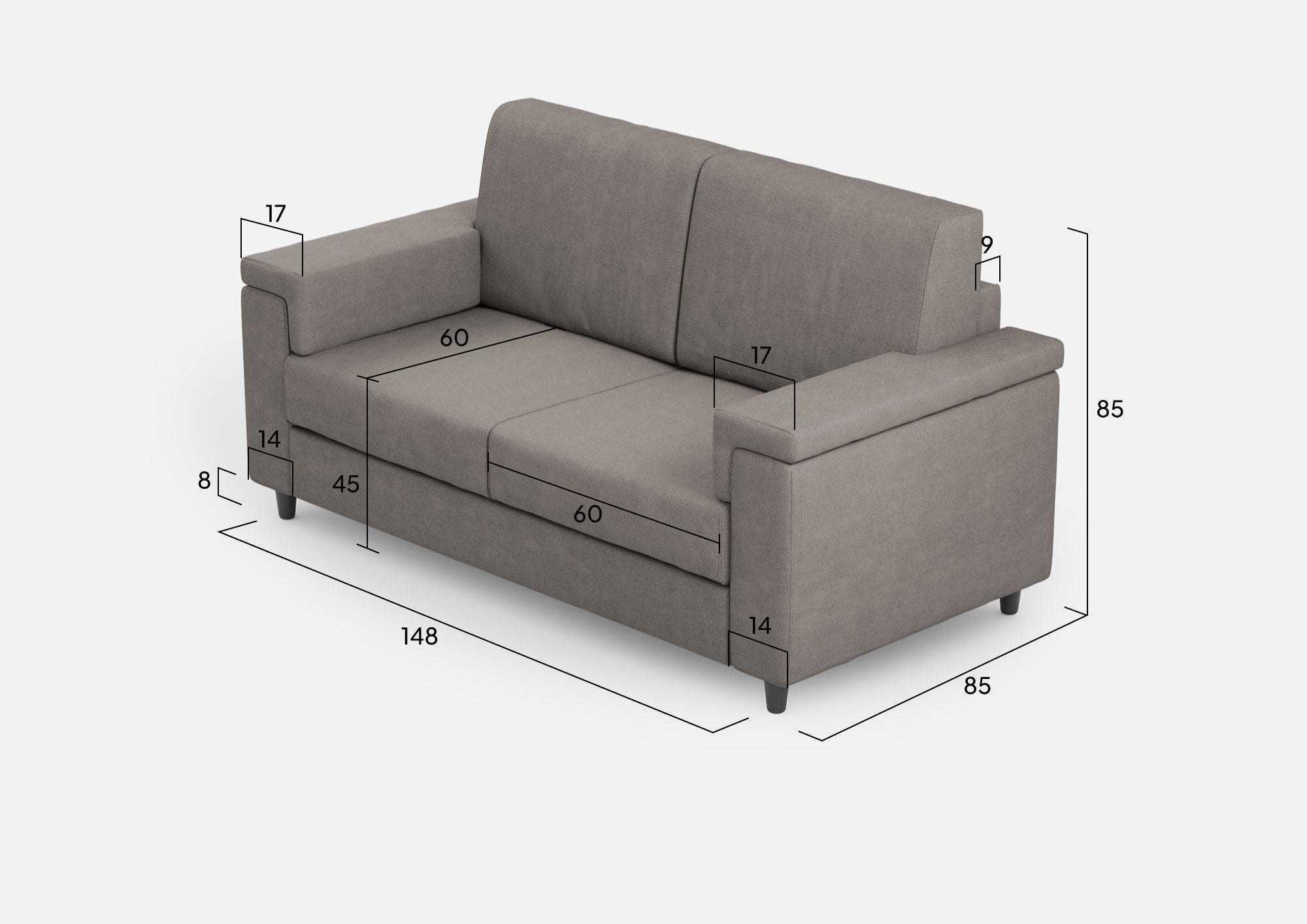 Divano Marrak 2 posti medio (due sedute da 70cm) misure esterne L.168cm