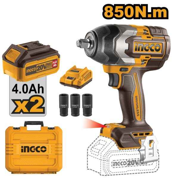 Avvitatore a Impulsi 20V 1/2" 850Nm con 2 Batterie 4.0Ah Ingco