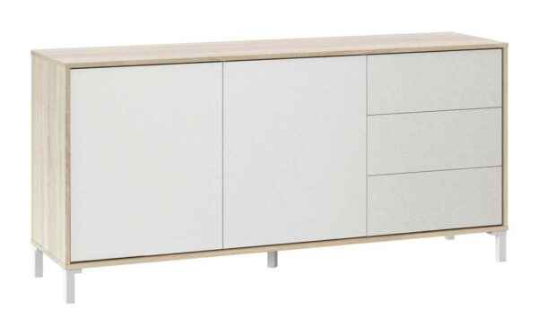 Credenza Brooklin 154 cm – 2 Ante, 3 Cassetti, Bianco e Rovere