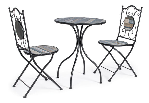 Set Tavolo e Sedie in Ferro e Ceramica Mosaico Houston – 3 Pezzi