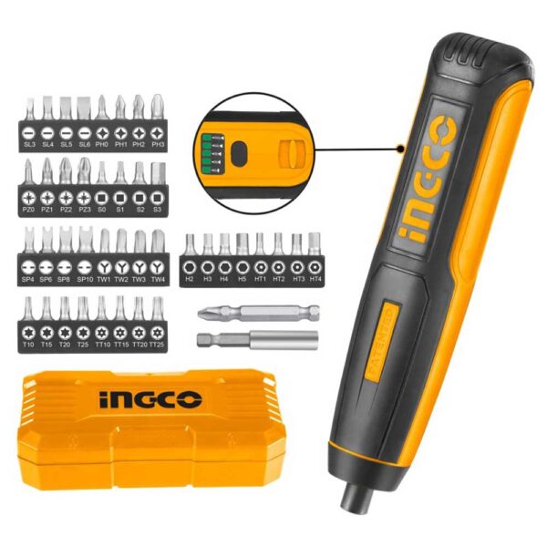 Cacciavite a batteria 4V Ingco, 4 Nm, USB, con accessori e valigetta