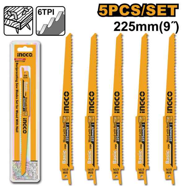 Set 5 lame 225mm, 6 TPI, per seghetto a gattuccio, taglio legno