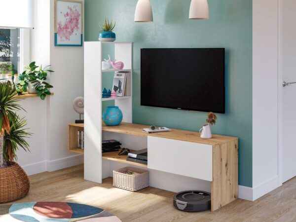 Mobile Soggiorno Liss 178x43x136h Bianco Artik/Rovere Nordico – Base e Libreria