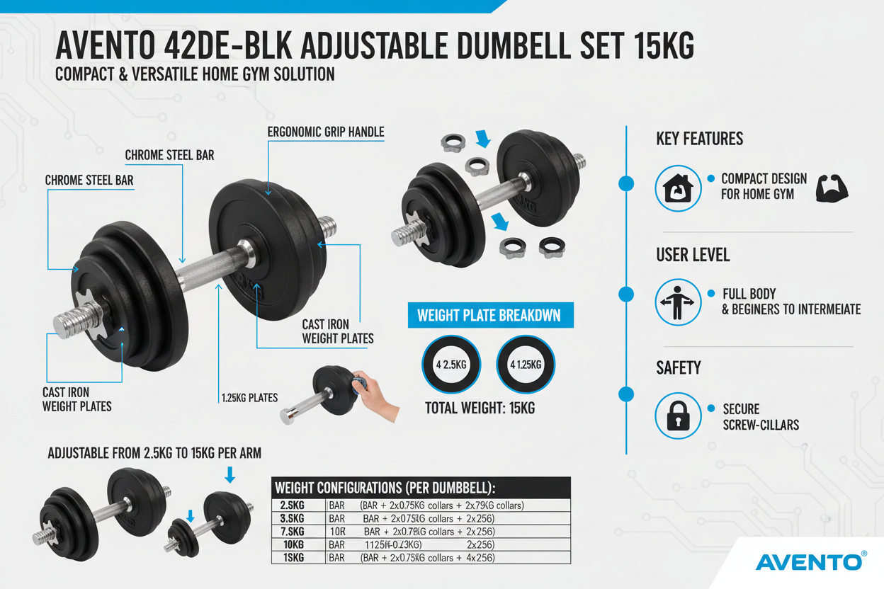 Avento Set Manubrio Regolabile Nero 15Kg Ghisa Acciaio - 42DE-BLK