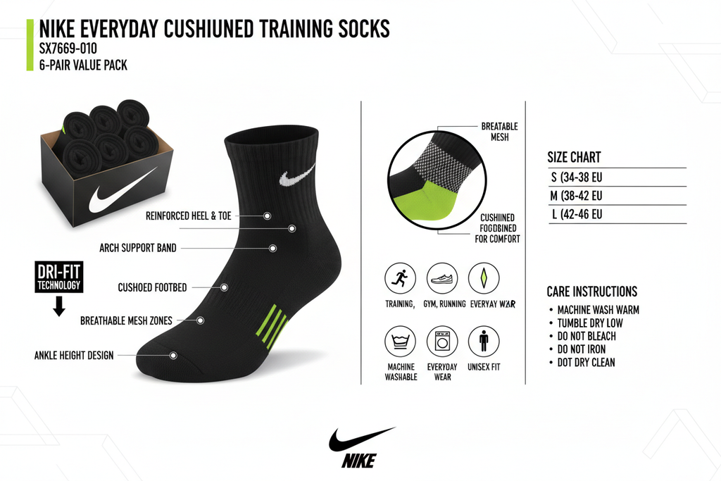 Nike Calze Everyday Cushioned SX7669-010 Training Unisex Nero 6 Paia