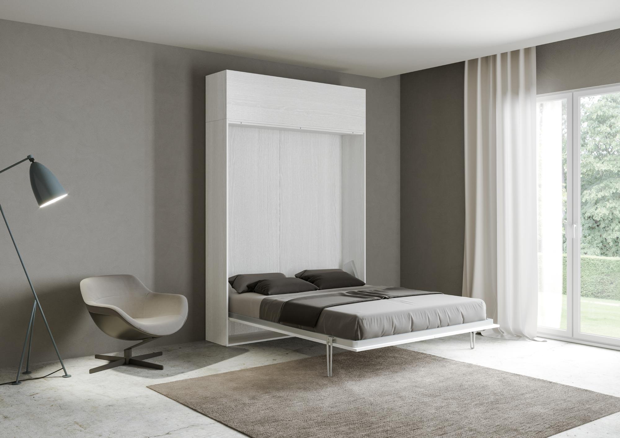 Letto matrimoniale francese a scomparsa 140 verticale Kentaro con colonna e pensili