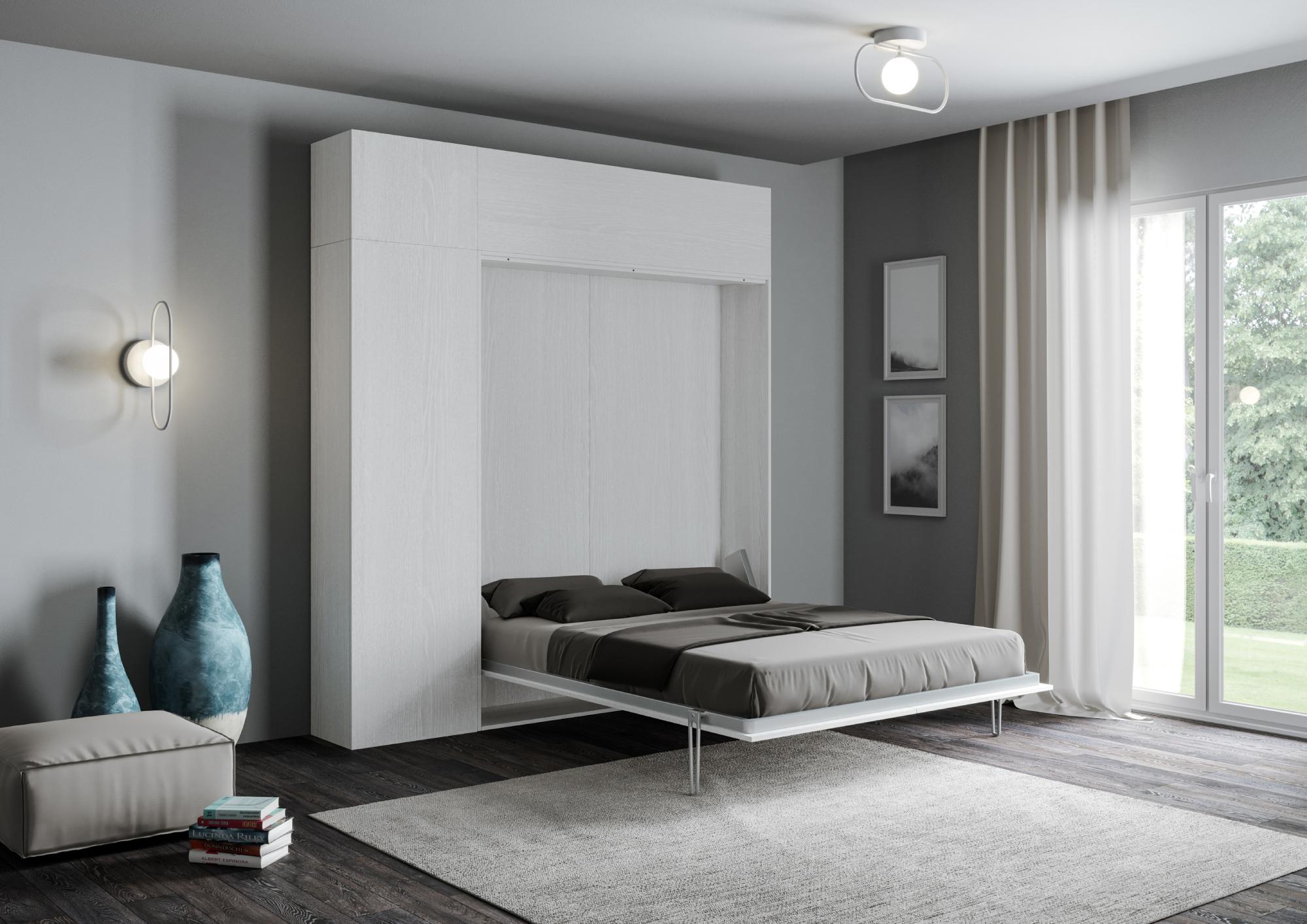 Letto matrimoniale francese a scomparsa 140 verticale Kentaro con colonna e pensili