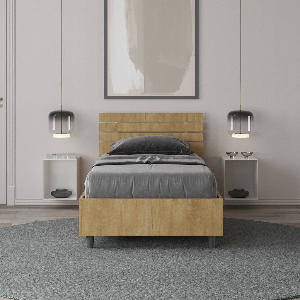 Letto singolo senza rete, con rete e contenitore testata dritta con doghe Ankel