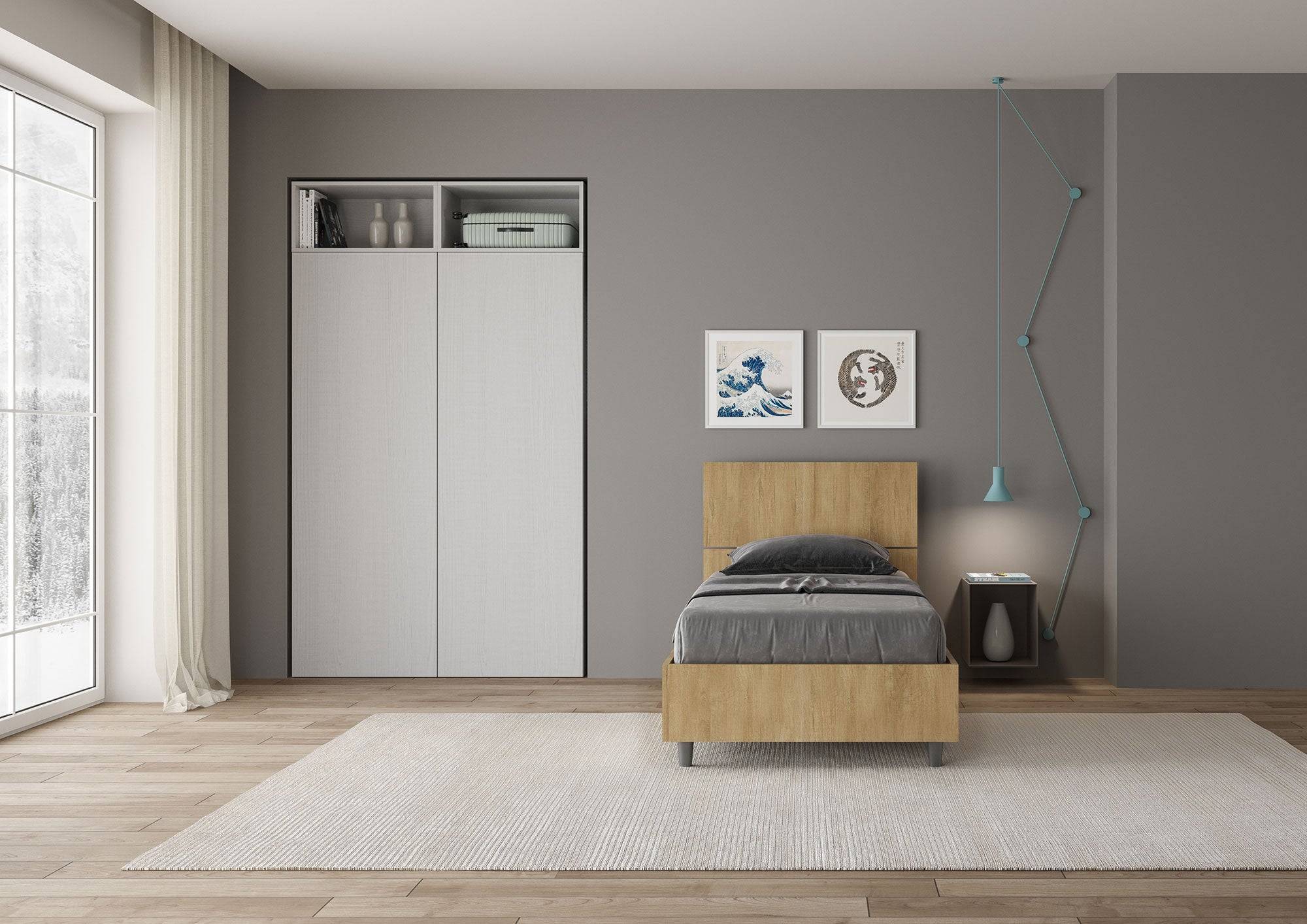 Letto singolo 80x190 testata inclinata Demas senza rete, con rete, contenitore
