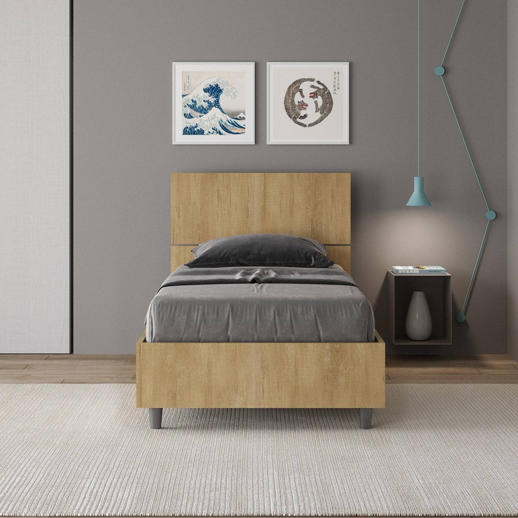 Letto singolo 80x190 testata inclinata Demas senza rete, con rete, contenitore